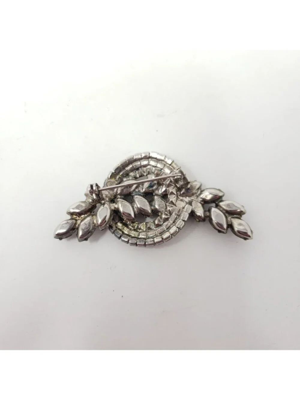 Vintage Clear Black Rhinestone Wreath Leaf Spray Brooch Pin